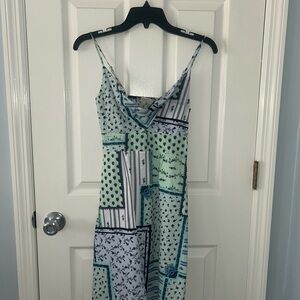 LOFT Blue and Green Patchwork Midi Dress